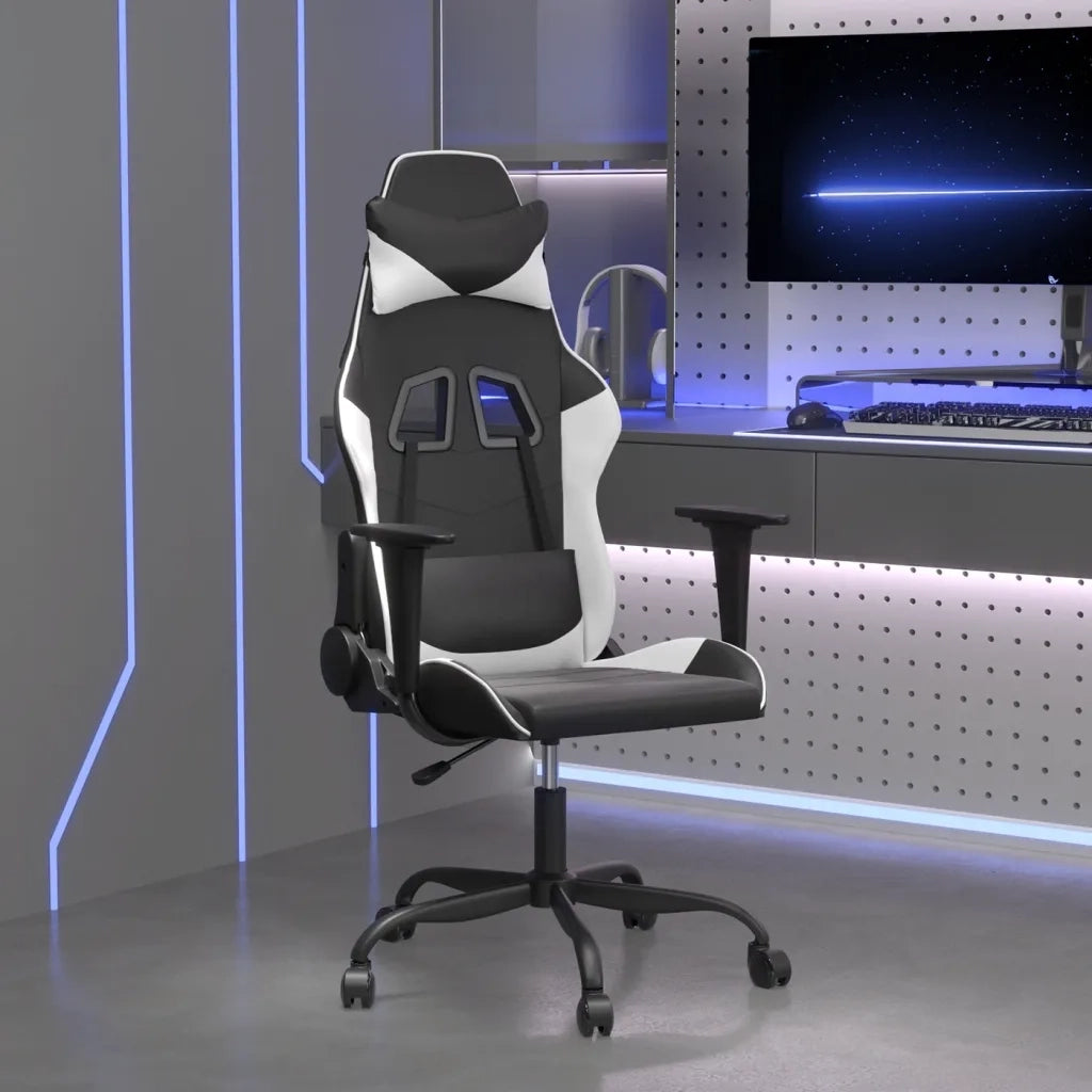 Sedia da Gaming | Sedia da e-sports Massaggiante Nera e Bianca in Similpelle