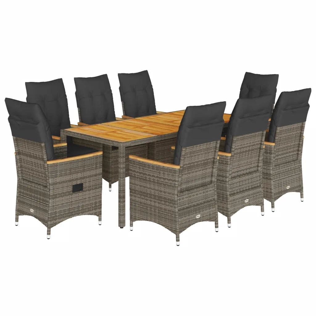 Set da Pranzo da Giardino 9 pz con Cuscini in Polyrattan Grigio
