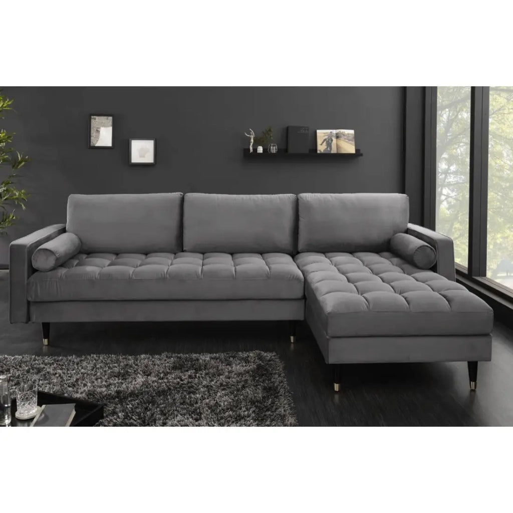 Divano ad angolo KOLIRI grigio - 4 posti - Angolo destro - Divano design in velluto e legno massiccio
