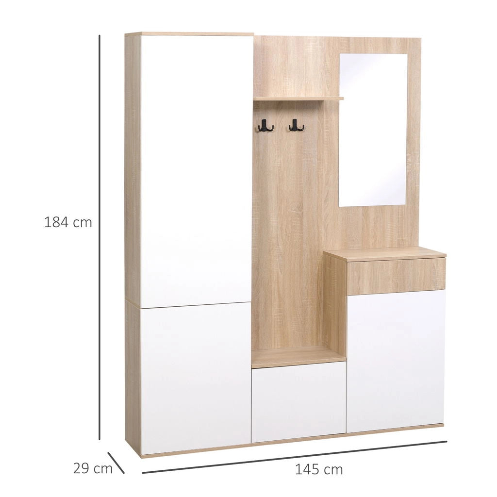 MOBILE DA INGRESSO 4 IN 1 CON SPECCHIO GANCI E RIPIANI 145X29X184 CM BICOLOR