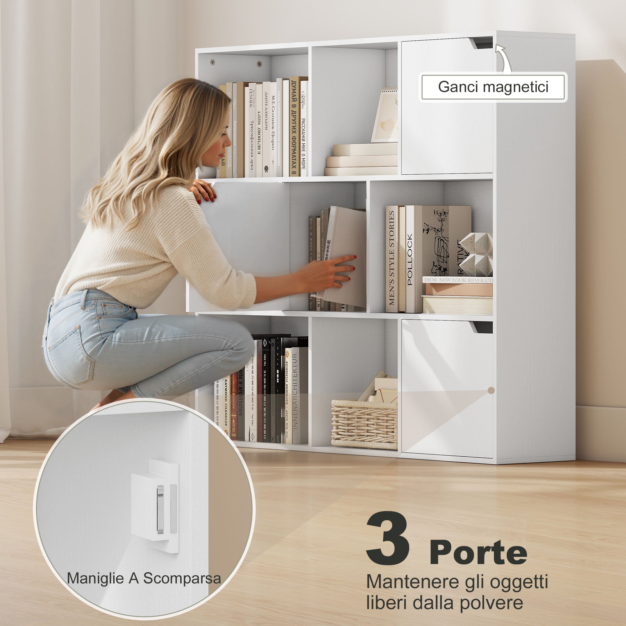 Libreria a Cubi con 6 Sezioni Aperte e 3 Chiuse 106x24x95 cm in Legno Bianco
