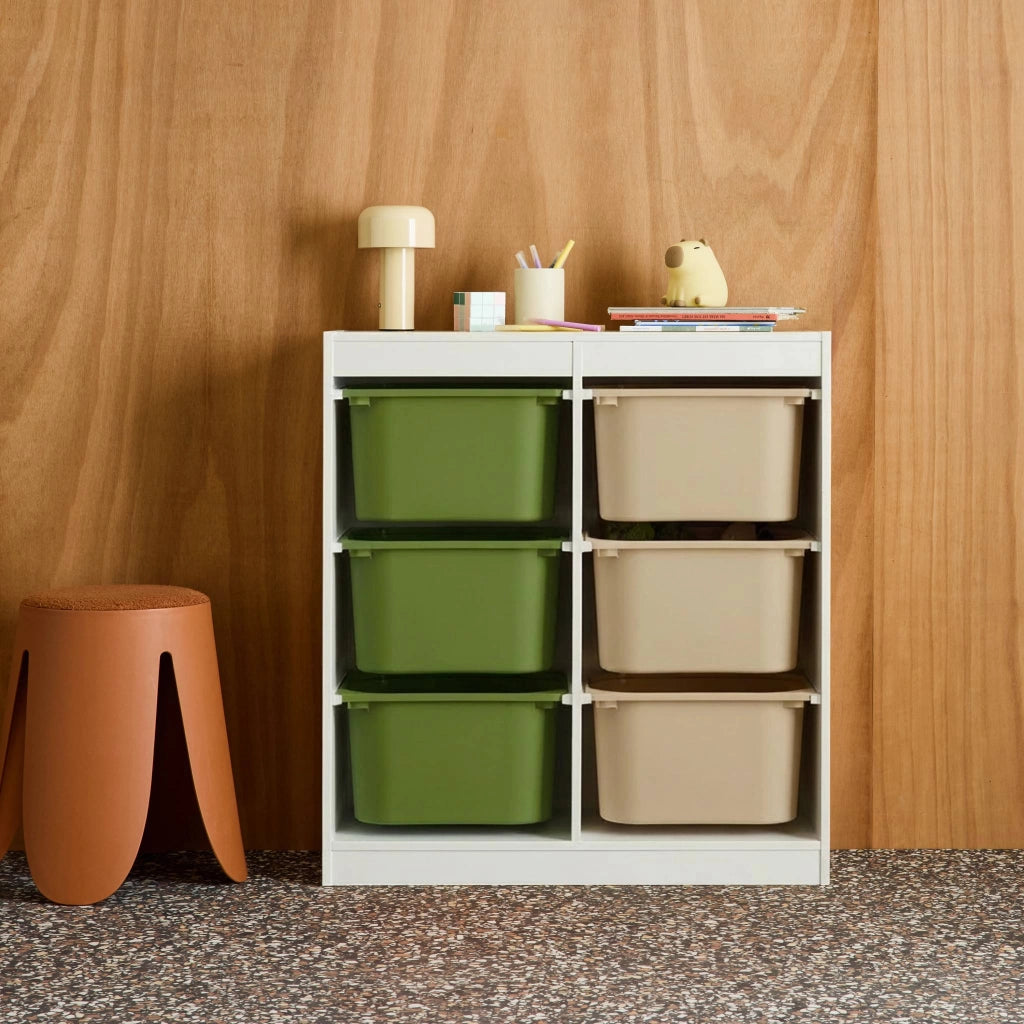 Mobile per bambini con 6 scatole colorate, verde oliva