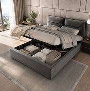 Letto matrimoniale imbottito con contenitore 140x200 cm in velluto grigio; testiera regolabile