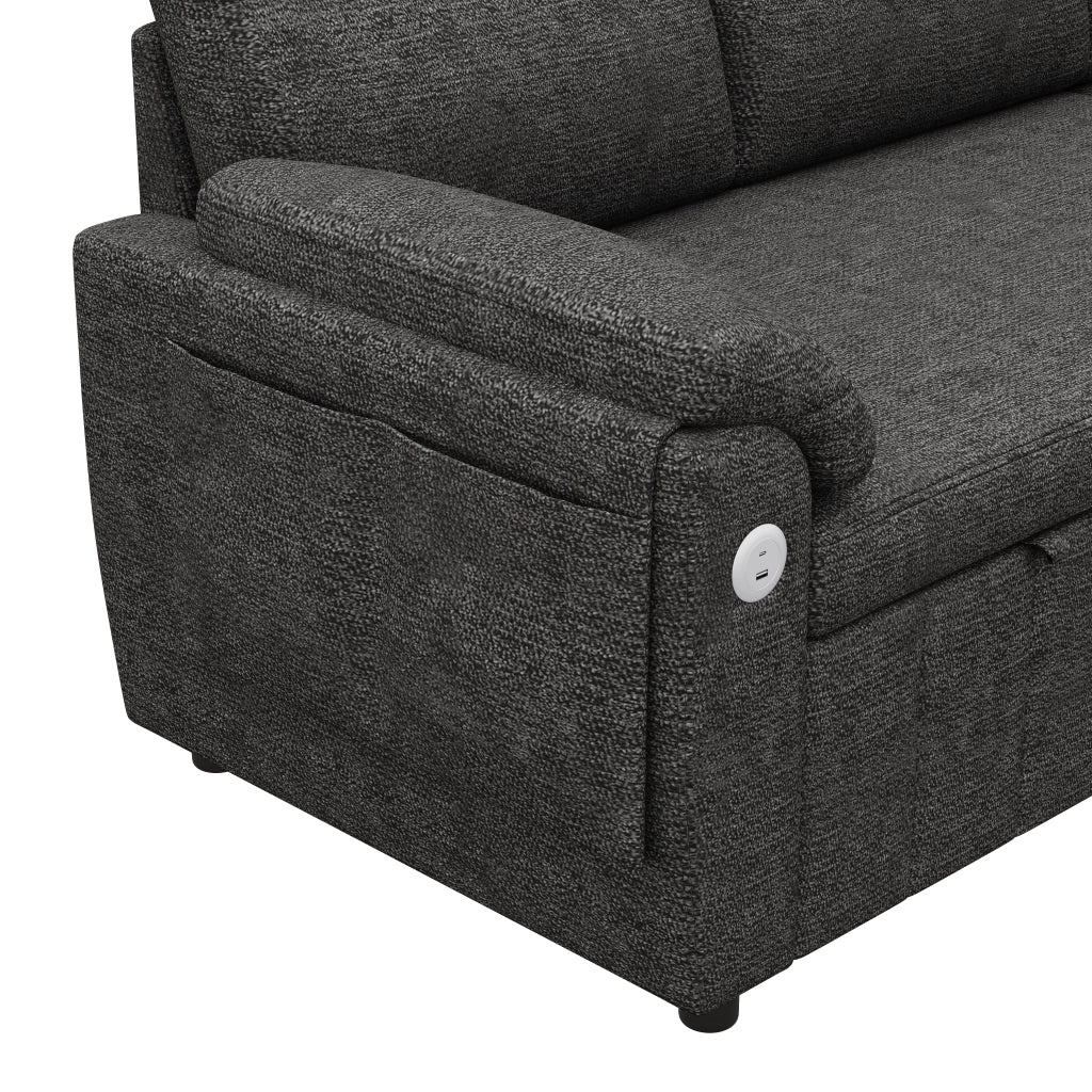 Divano angolare convertibile reversibile con letto estraibile contenitore e porte USB Type-C in ciniglia grigio