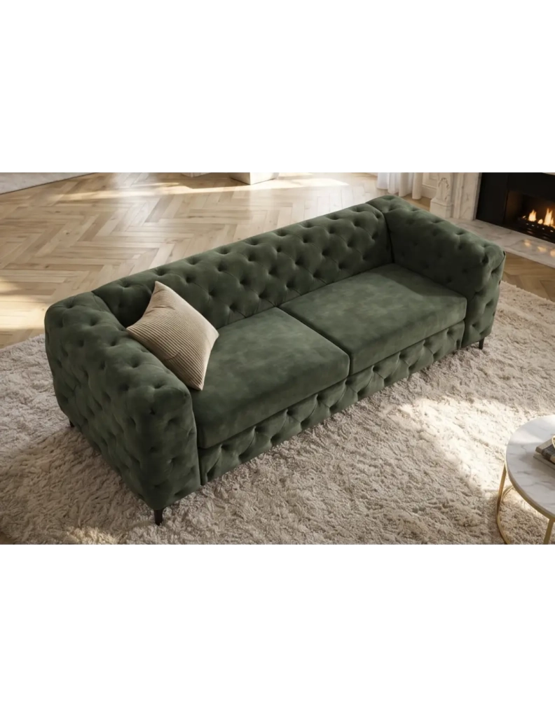 Divano dritto VELENA 3 posti in velluto capitonné - Verde scuro - 235 x 74 x 95 cm