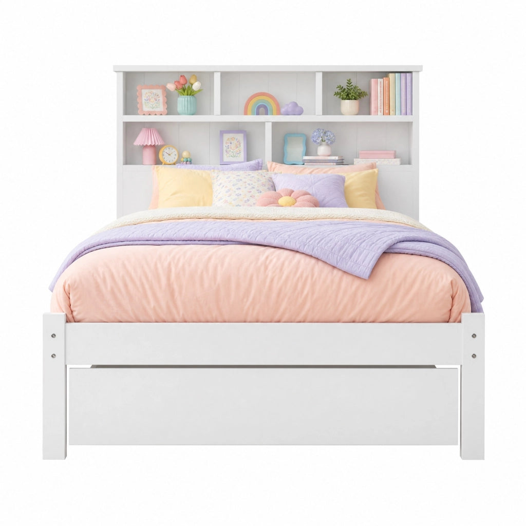 Letto singolo in legno massiccio con 2 cassetti e testiera a libreria, 90x200 cm, bianco