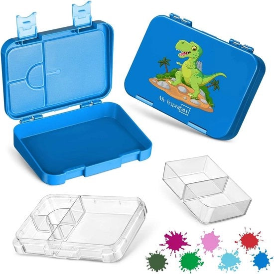Bento Box per bambini, con 4 + 2 cassette, estremamente robusto, bento box, ideale per asili nido e scuola (Blu, T-Rex)