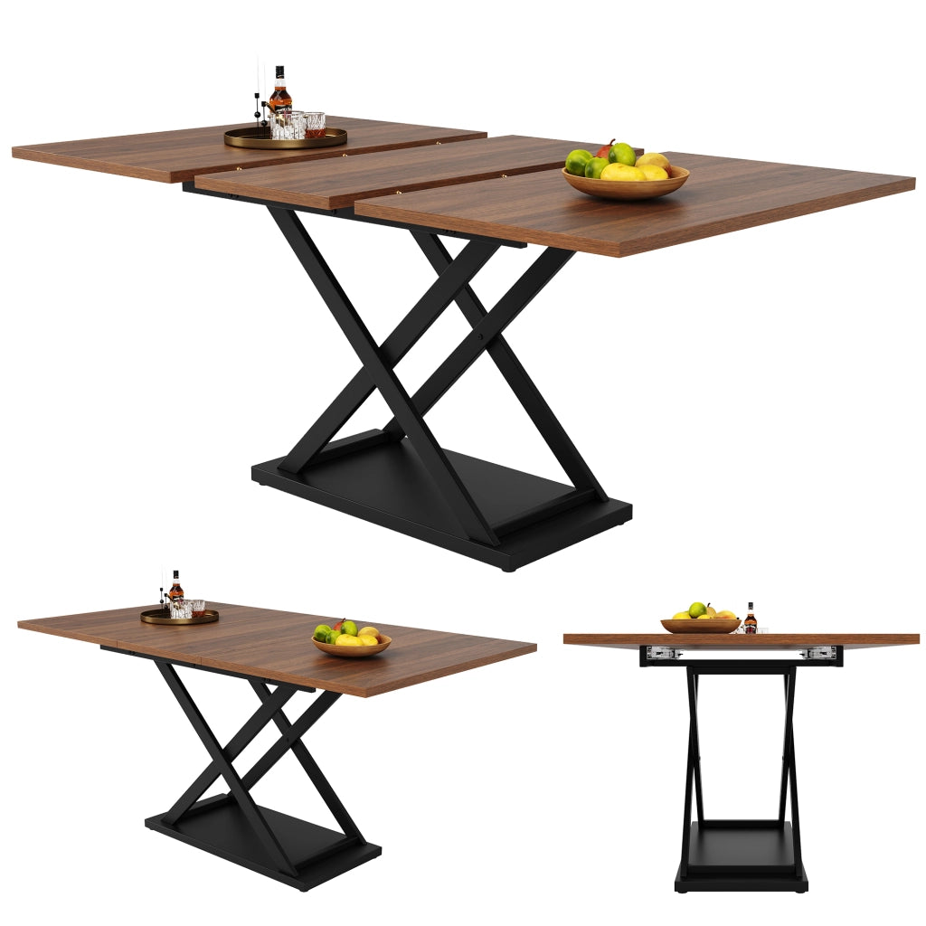 Tavolo da pranzo allungabile con gambe incrociate in metallo, per cucina e soggiorno, noce, 120 × 80 × 75 cm