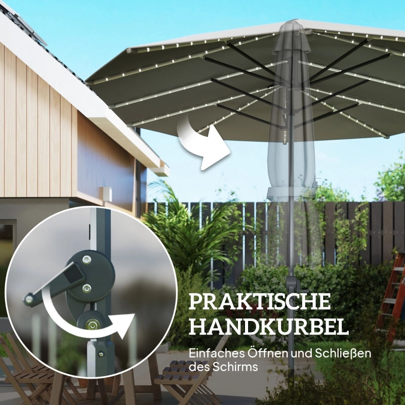 Doppio parasole ovale 451x267 cm con luci solari LED telaio in alluminio protezione UV 50+ antivento con manovella colore grigio scuro per mercato giardino balcone e spiaggia