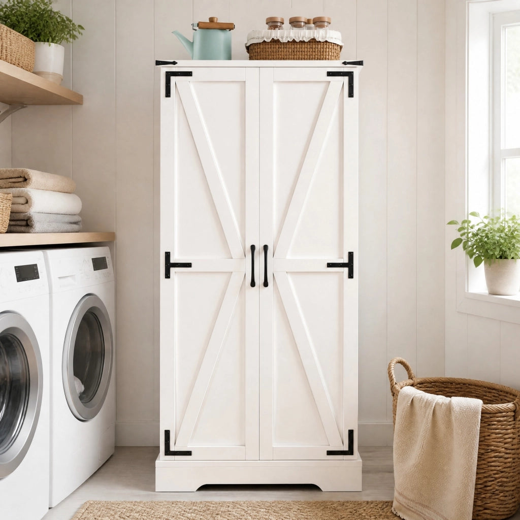Credenza da cucina in stile country 60x35x128;5 cm in MDF bianco con LED e ripiani regolabili