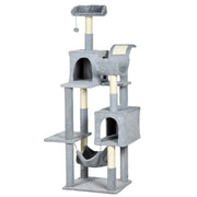 ALBERO TIRAGRAFFI PER GATTI CON AMACA, LETTINO E 2 CASETTE, IN TRUCIOLATO E PELUCHE, 55X49X177 CM, GRIGIO E BIANCO