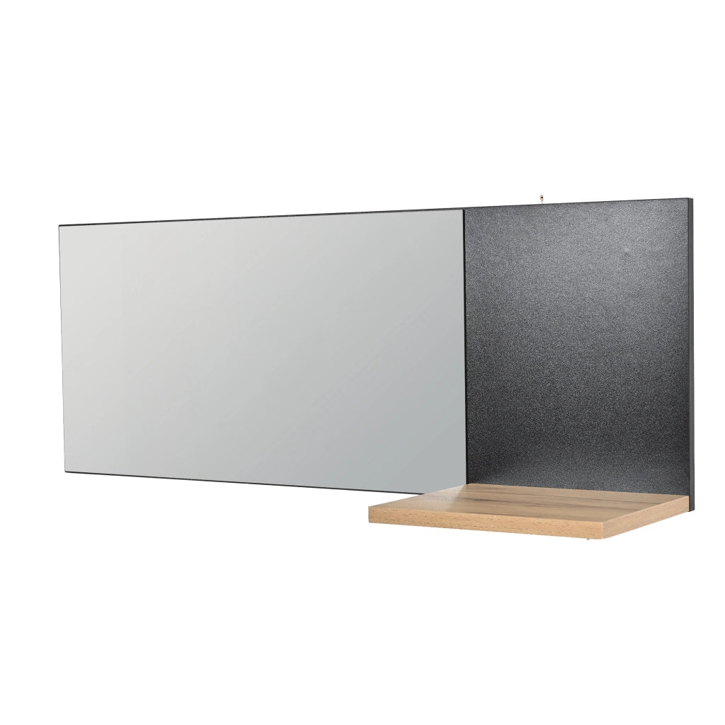 Mobile ingresso con specchio; 2 scarpiere; 1 cassetto e 4 ganci; in MDF e truciolare; nero e legno; 156×36×176 cm
