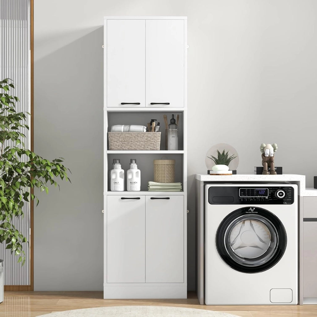 Credenza da Cucina Alta 190 cm con 4 Ante, 2 Scomparti Aperti e 6 Ripiani, 4 Kit Antiribaltamento, Armadio Portaoggetti per Cucina e Bagno