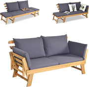 Divano Esterno Giardino 2 Posti, 2 in 1 con Cuscino Morbido, Divanetto da Esterno in Legno di Acacia con Braccioli Regolabili, Sdraio per Terrazza e Cortile, 198/157 x 75 x 75 cm (Grigio)