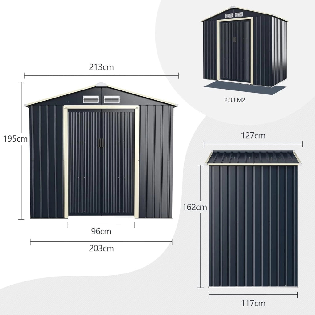 Casetta da Giardino Porta Attrezzi in Lamiera Acciaio Zincato 2,38 M2, Capanno da Esterno con Tettoia, Sfilati e Ante Scorrevoli, Adatto a Cortile, Giardino e Fattoria (203 x 117 x 195 cm)