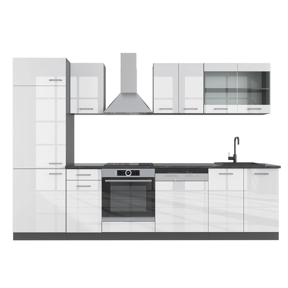 Cucina componibile R-Line Bianco lucido/Antracite 300 cm senza piano di lavoro Vicco