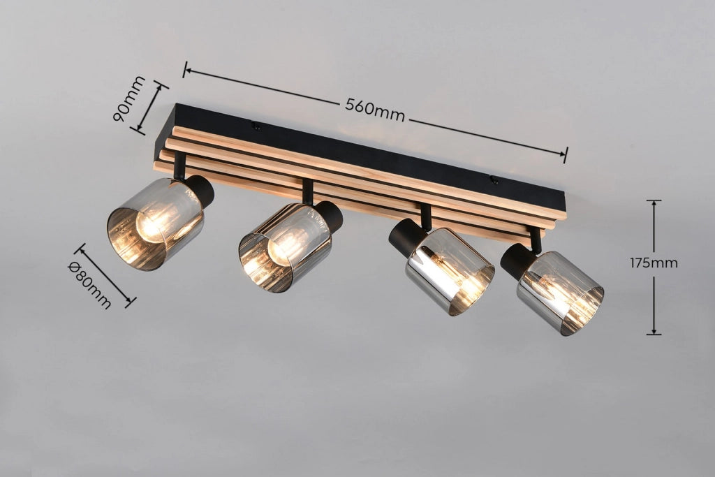 Faretto da soffitto 4 luci nero legno fumé TRAVIA RL