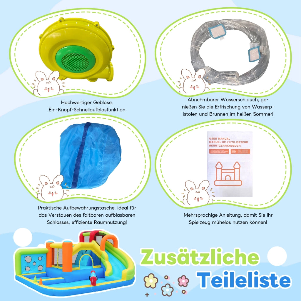 Castello gonfiabile multifunzione con scivolo d'acqua trampolino parete da arrampicata e soffiatore 450 W in tessuto oxford blu