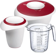 1 contenitore da mescolare 2,5 l, 1 contenitore da conservazione 1 l, 1 misurino 1 l, plastico, bianco/rosso/trasparente