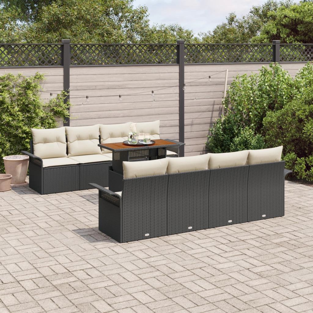 Set Divano da Giardino 9 Pezzi con Cuscini Vimini Sintetico Nero Acacia