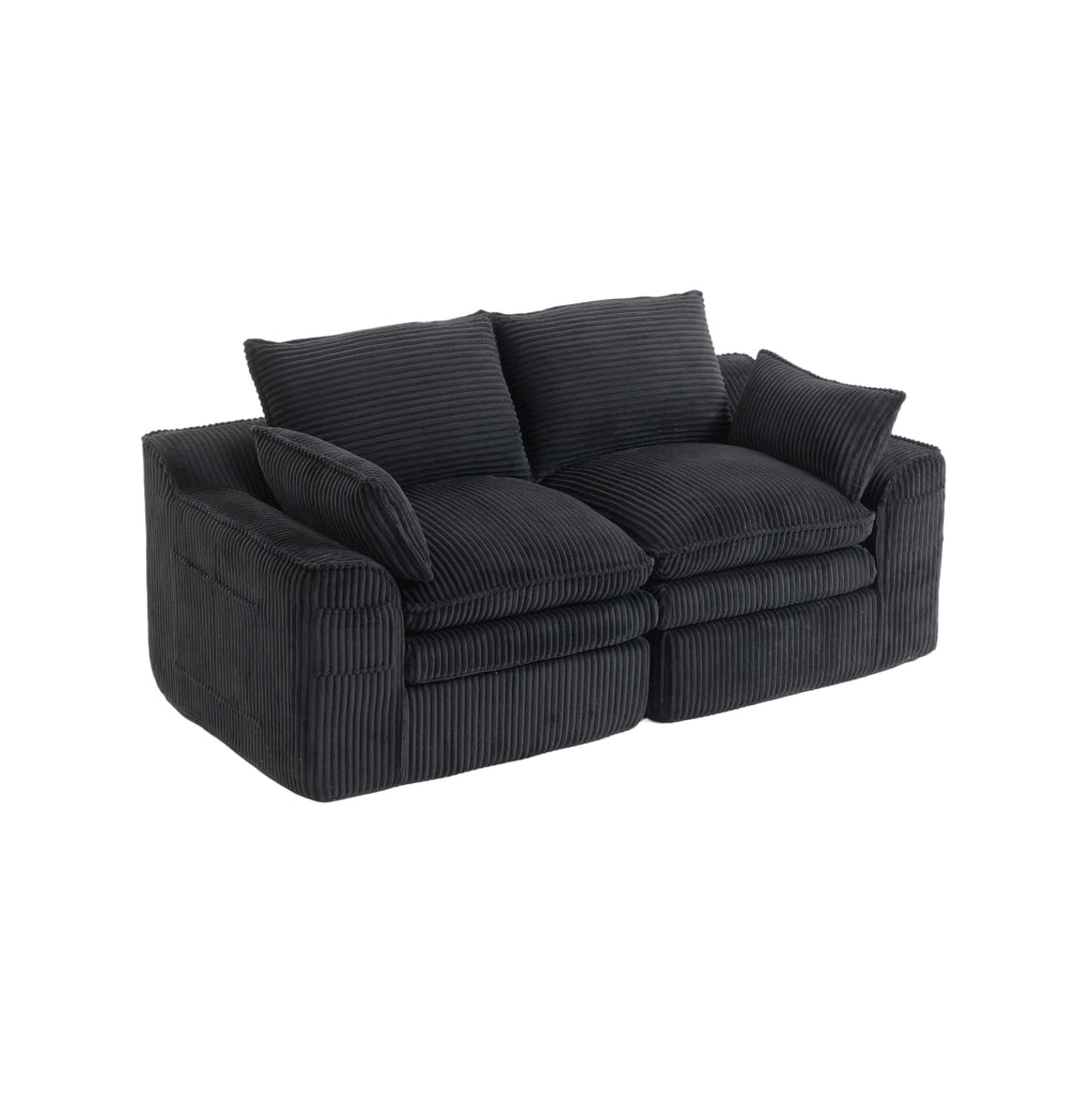 Divano 2 posti ULEVR 191x94x85 cm in velluto a coste nero con cuscini e tasche laterali