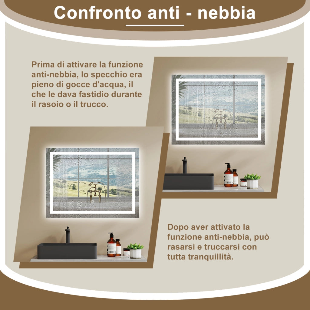 80×60 cm Specchio da Bagno Rettangolare a LED Specchio da Toeletta Specchio da Parete, Luce Bianca 6000K, Anti-fog, Touch