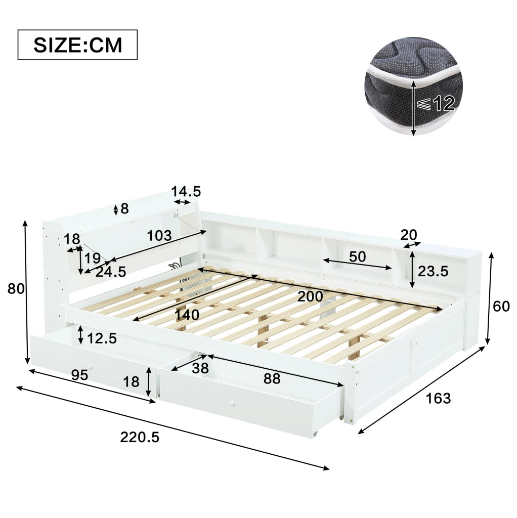 Letto matrimoniale 140x200 cm con contenitori laterali, cassetti, luci e presa di ricarica