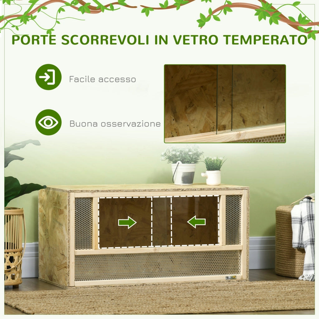 Terrario per Rettili 40x80x40 cm con Porte in Vetro Scorrevoli e Pannelli in Rete in Legno