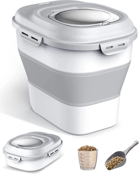 Cassetto per alimenti per cani, contenitore di alimentazione per cani da 10 kg con coperchio rimovibile e ruote, contenitore per alimenti per cani con misurino e cucchiaio (grigio)