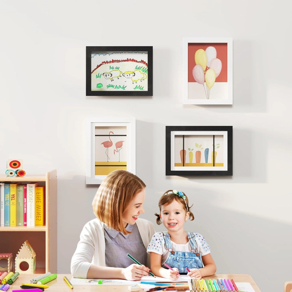 Set di 10 Cornice per Foto A4, Portafoto Profondo Apribile con Chiusura Magnetica, Cornice 3D da Parete con Ganci per Galleria, Camera da Letto, Frontale in Plexi, Telaio in MDF, Bianco