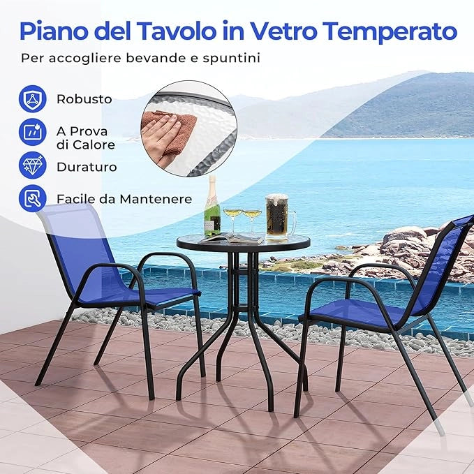 Set Mobili da Giardino 3 Pezzi, con Tavolo Rotondo in Vetro Temperato e 2 Sedie in Textilene Traspirante, per Esterno Balcone Giardino (Blu)
