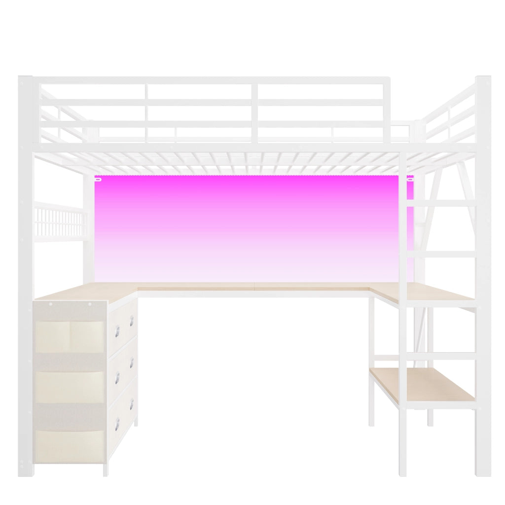 Letto a soppalco 140x200 cm con scrivania; cassetti e LED in metallo bianco