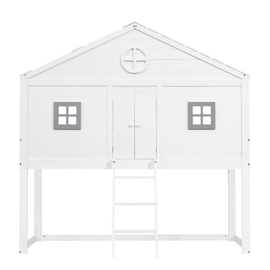 Letto a soppalco 90x200 cm con scala e protezioni; finestre grigie bianco e grigio