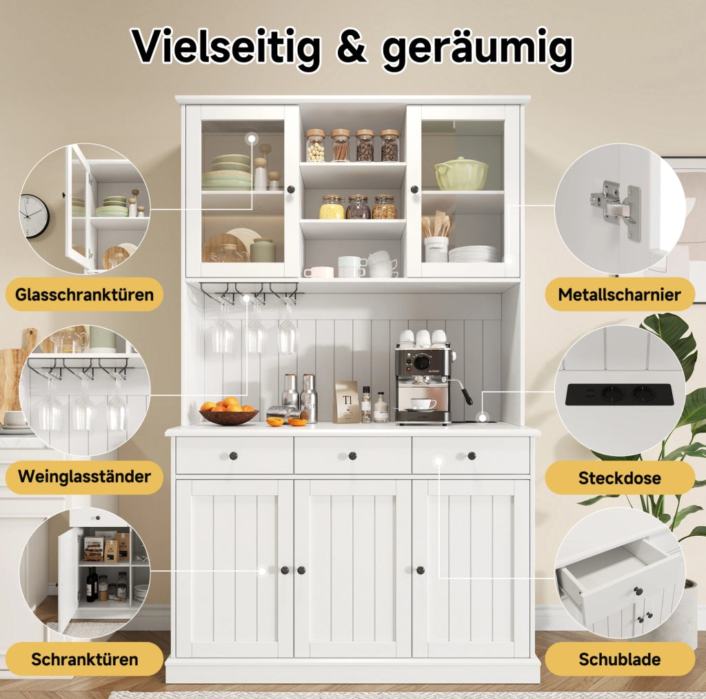 Mobile buffet alto 120x40x191 cm con ante in vetro; prese e porte USB; bianco