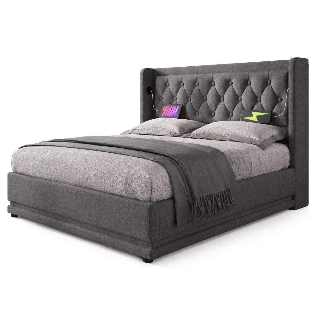 Letto matrimoniale imbottito 140x200 cm in cotone grigio con contenitore; USB e LED
