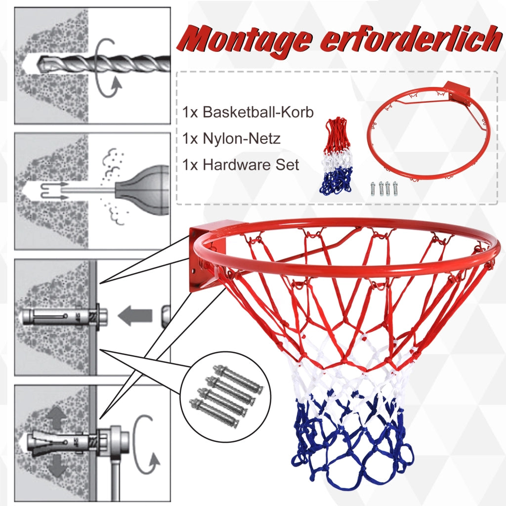 Canestro da basket con rete, 46 cm, tubo in acciaio e nylon, rosso, blu, bianco, ideale per giardino e tempo libero