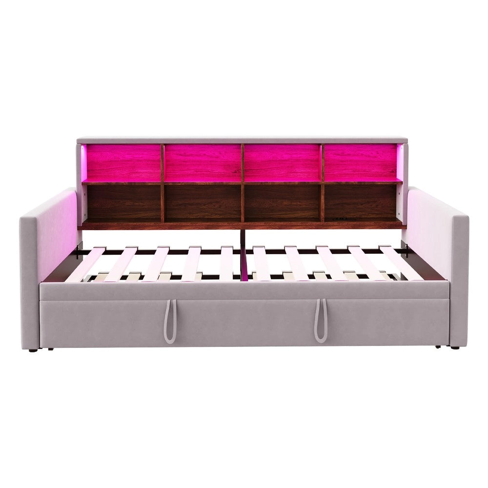 Letto Imbottito con Letto Estraibile, LED e Vani ¨C MINIMAL ¨C Velluto Grigio 90x190