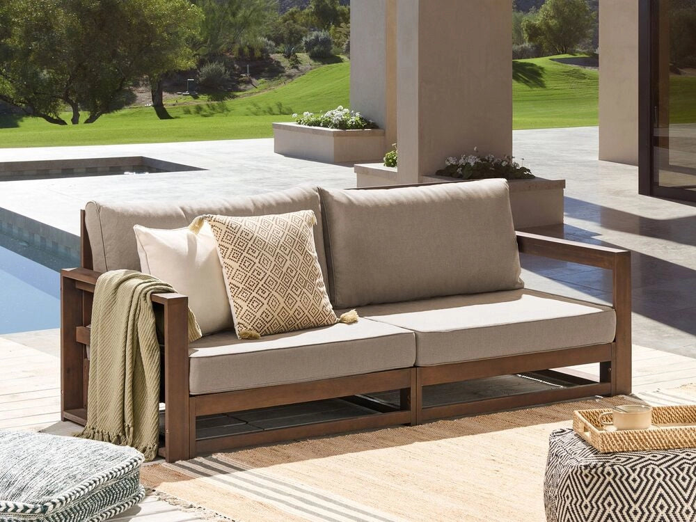 Set da giardino 2 posti in legno di acacia con cuscini tortora lato destro moderno elegante