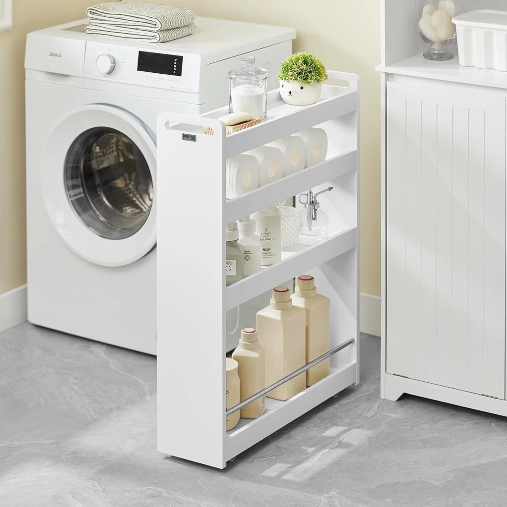 Carrello Slim per Cucina e Bagno con 4 Ruote Scaffale Salvaspazio a 4 Ripiani con Aste Antiscivolo Unità di Stoccaggio per Cucina, Bagno, Forniture per Bellezza o Artigianato 60x18x82cm NSR01-W