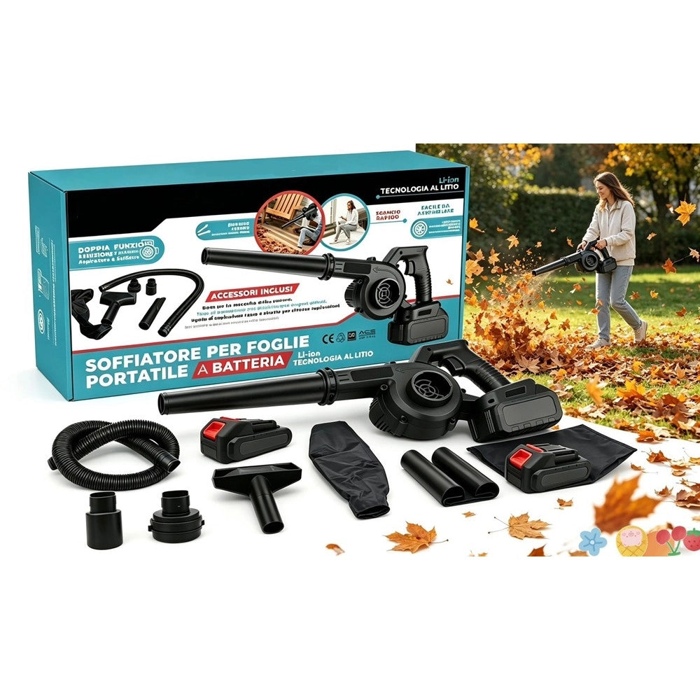 Trade Shop - Mini Soffiatore A Batteria 48v 7in1 Per Foglie Polvere Detriti 2 Batterie Con Accessori -