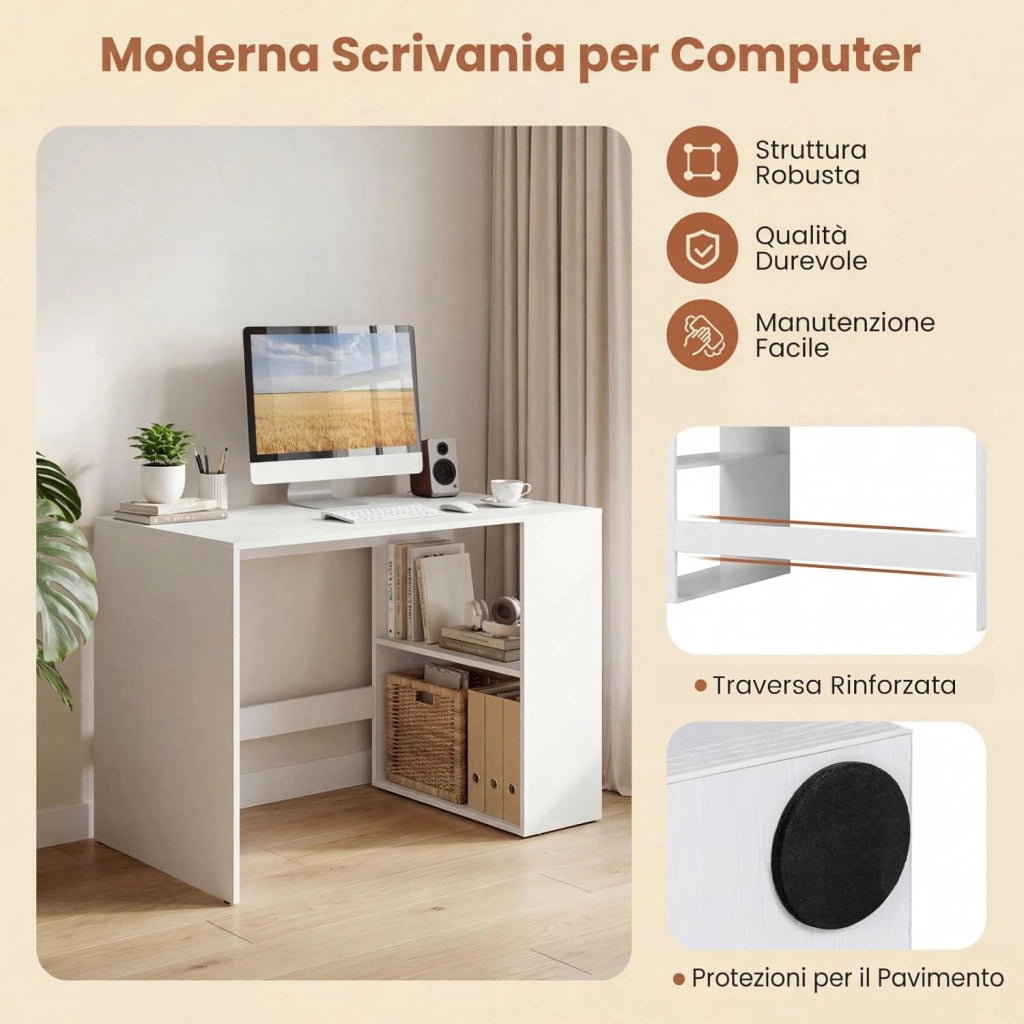 Scrivania Ufficio con Libreria Laterale a 2 Ripiani e Ampio Piano, 112 x 60 cm Scrivania Gaming in Legno, Scrittoio per Computer Salvaspazio per Studio, Soggiorno e Ufficio (Bianco)