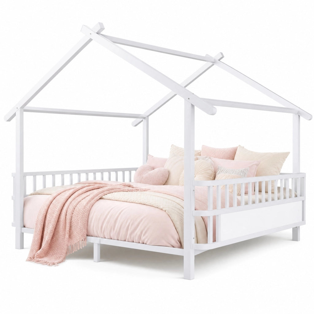 Letto per bambini in metallo a forma di casa 140x200 cm bianco con sponde di sicurezza