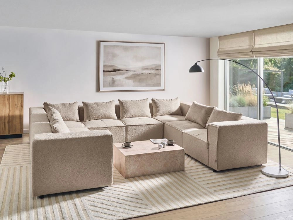 Divano modulare a forma di U in bouclé beige rivestito in stile moderno