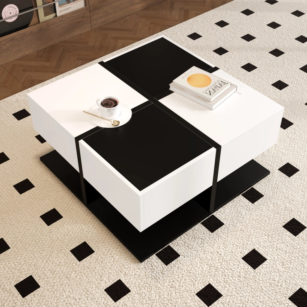 Tavolino da salotto quadrato con 2 Cassetti; vano contenitore nascosto; per soggiorno; in pannello truciolare; 70 × 70 × 35.5 cm; nero e bianco