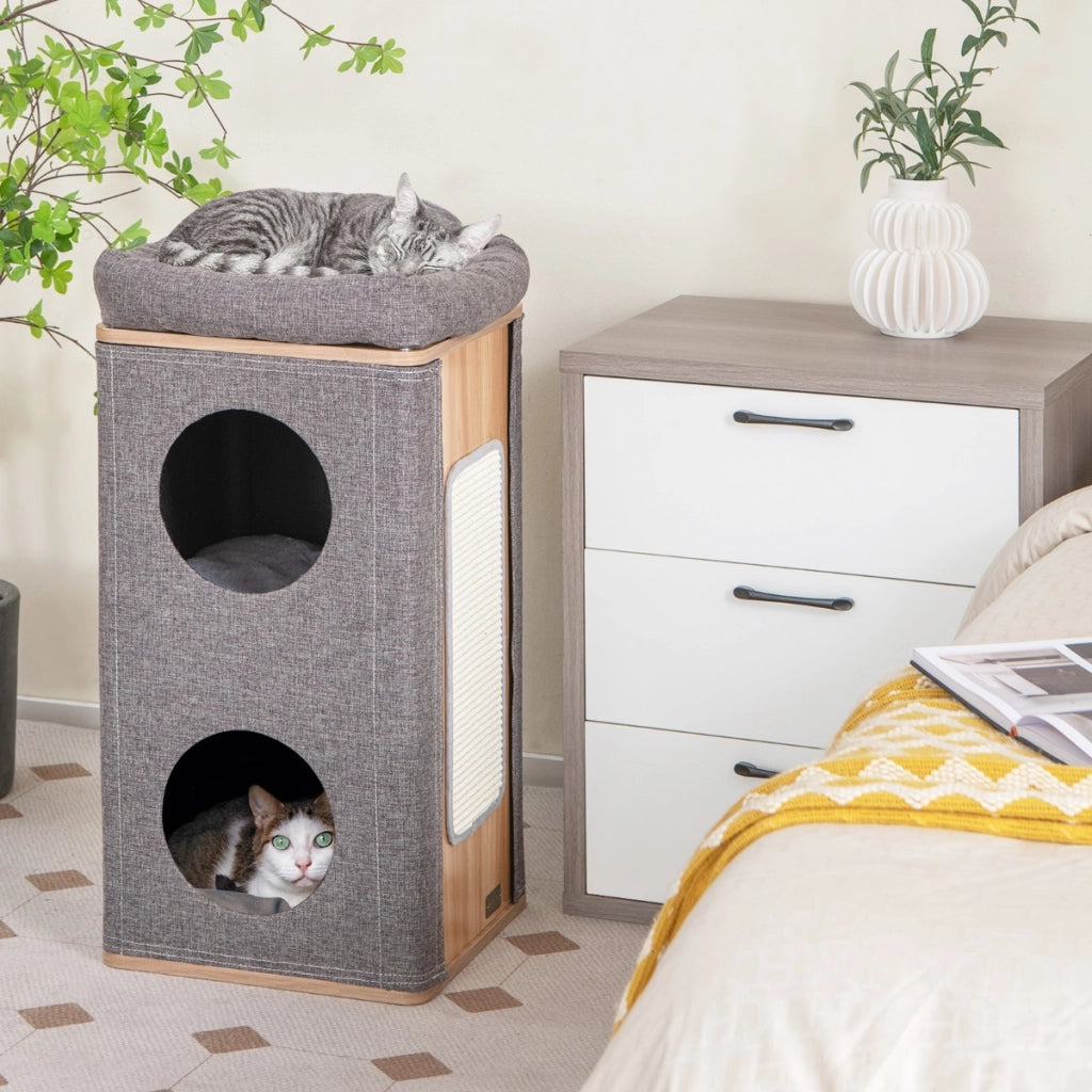 Casetta per gatti a 3 piani con tiragraffi 2 scomparti coperti cuccia 3 materassini, Casa gatti moderna Grigio-Lettini e divanetti