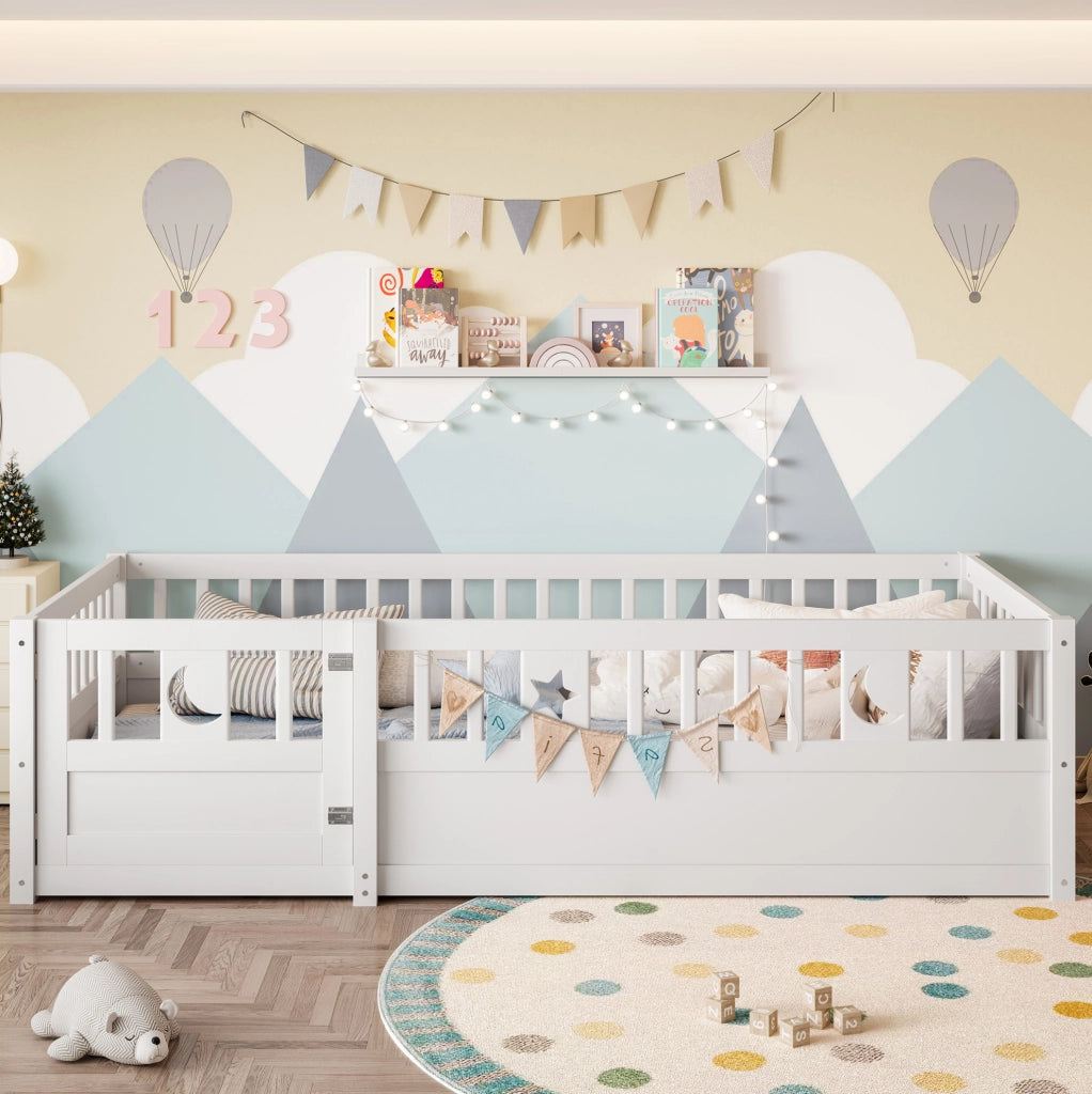 Letto per bambini 90x190 cm con sponde di sicurezza e decorazioni stella e luna; bianco