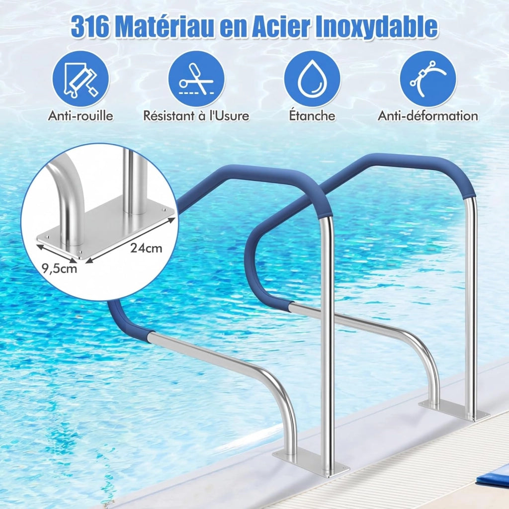 Corrimano per Piscina in Acciaio Inox 119 X 79 CM, Maniglione con Impugnatura Rivestita, Sicurezza e Resistente, Portata 250 KG, Ringhiera per Spa, Terme, con Base Preforata, Accessori