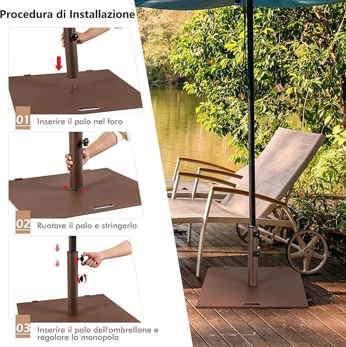 Base per Ombrellone da Giardino 22,5 KG, Base Ombrellone Quadrata da Esterno 60 CM con Adattatori 4/5CM 2 Ruote 2 Manopole e Impugnatura, Supporto per Ombrellone da Giardino Terrazzo Esterno