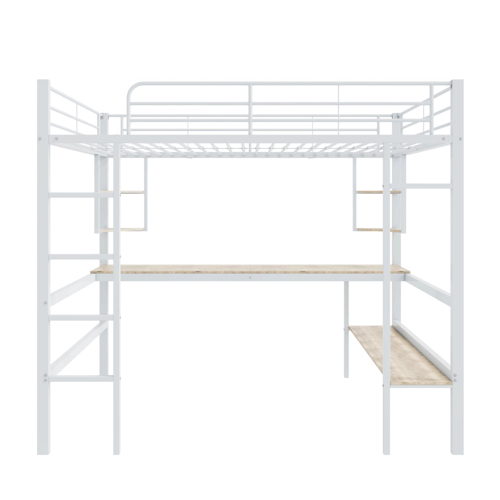 Letto a castello bianco in metallo con scrivania e scaffali 90x200 cm