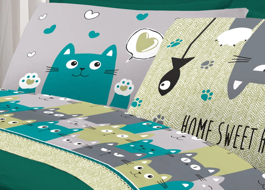 Completo Lenzuola Letto Pensieri Delicati 100% Cotone Disegno Happy Cat - Singolo - Verde